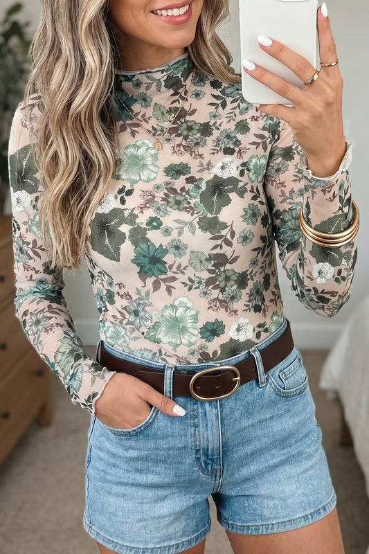 Green Western Style Floral Print Long Sleeve Mesh Top-Tops/Long Sleeve Tops-[Adult]-[Female]-Green-S-2022 Online Blue Zone Planet
