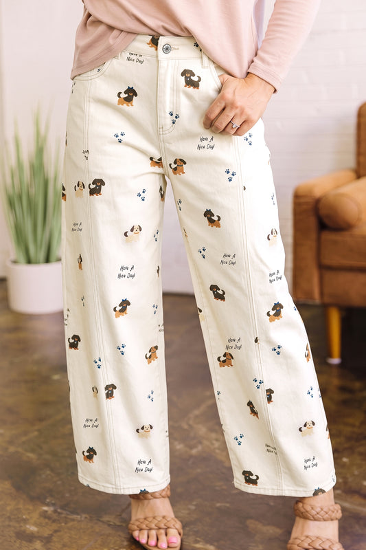 White Abstract Dog Print Wide Leg Full-Length Jeans-Bottoms/Jeans-[Adult]-[Female]-White-4-2022 Online Blue Zone Planet