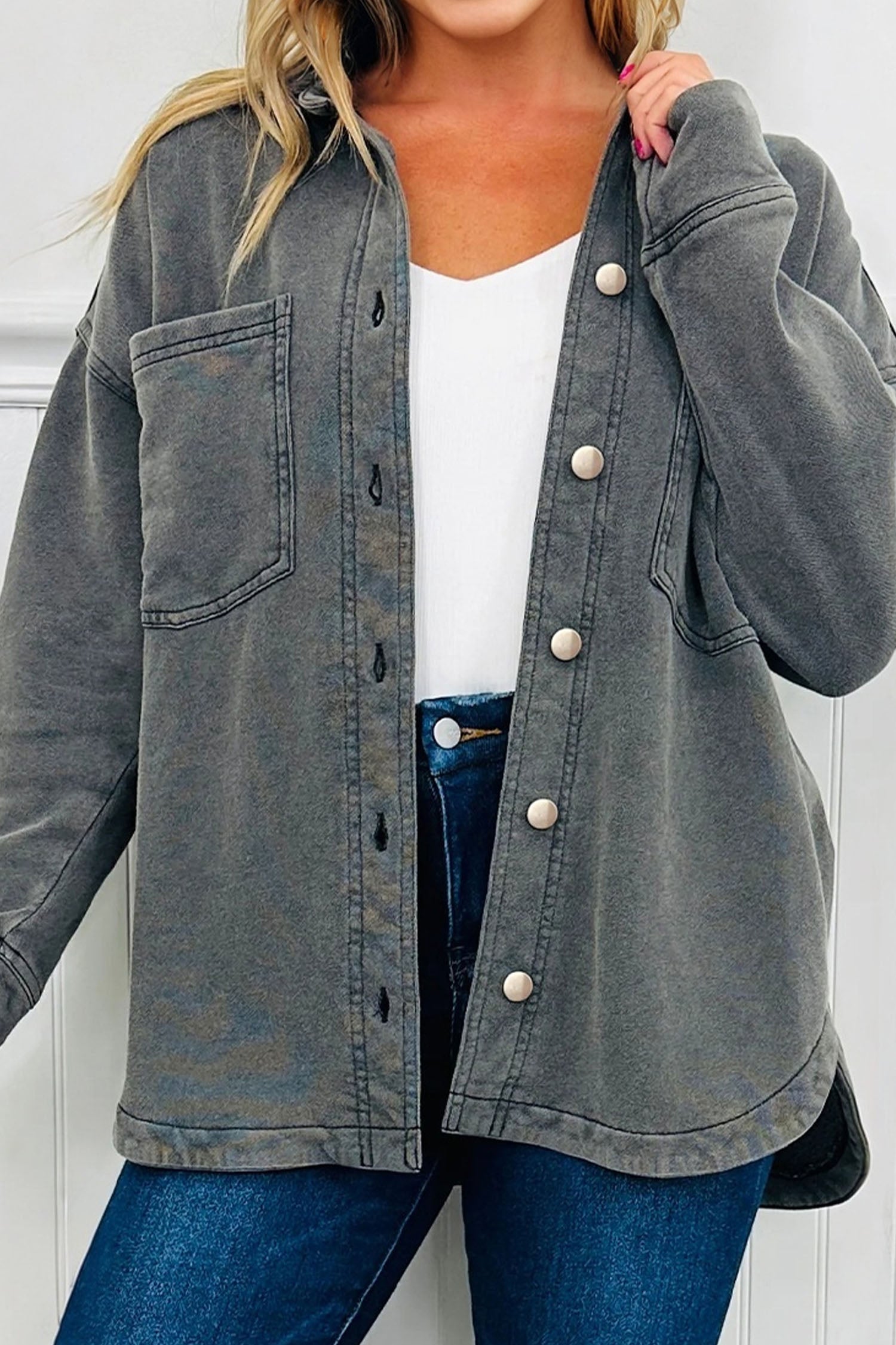 Medium Grey Mineral Wash Chest Pockets Drop Shoulder Shacket with Side Slit-Outerwear/Jackets-[Adult]-[Female]-2022 Online Blue Zone Planet