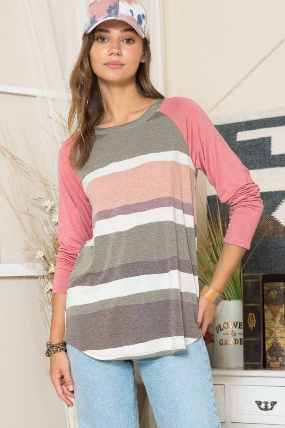 Celeste Full Size Striped Contrast Long Sleeve T-Shirt-TOPS / DRESSES-[Adult]-[Female]-Olive/Mocha-S-2022 Online Blue Zone Planet