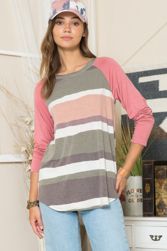 Celeste Full Size Striped Contrast Long Sleeve T-Shirt-TOPS / DRESSES-[Adult]-[Female]-Olive/Mocha-S-2022 Online Blue Zone Planet