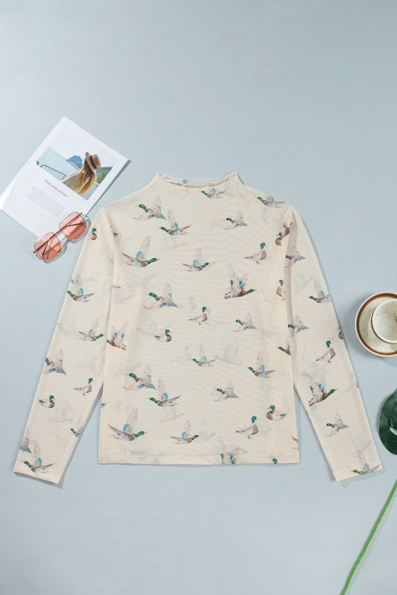 Beige Mesh Duck Print Tunic Long Sleeve Plus Size Blouse-Plus Size/Plus Size Tops/Plus Size Blouses & Shirts-[Adult]-[Female]-2022 Online Blue Zone Planet