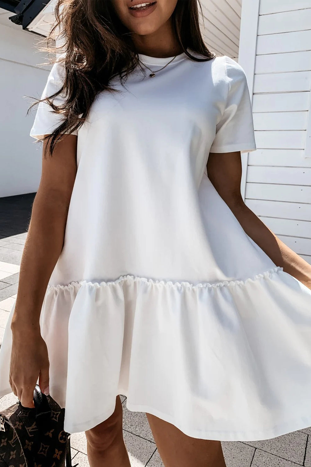 Blue Zone Planet | White Frilly Splicing Hem Short Sleeve Dress-TOPS / DRESSES-[Adult]-[Female]-White-S-2022 Online Blue Zone Planet