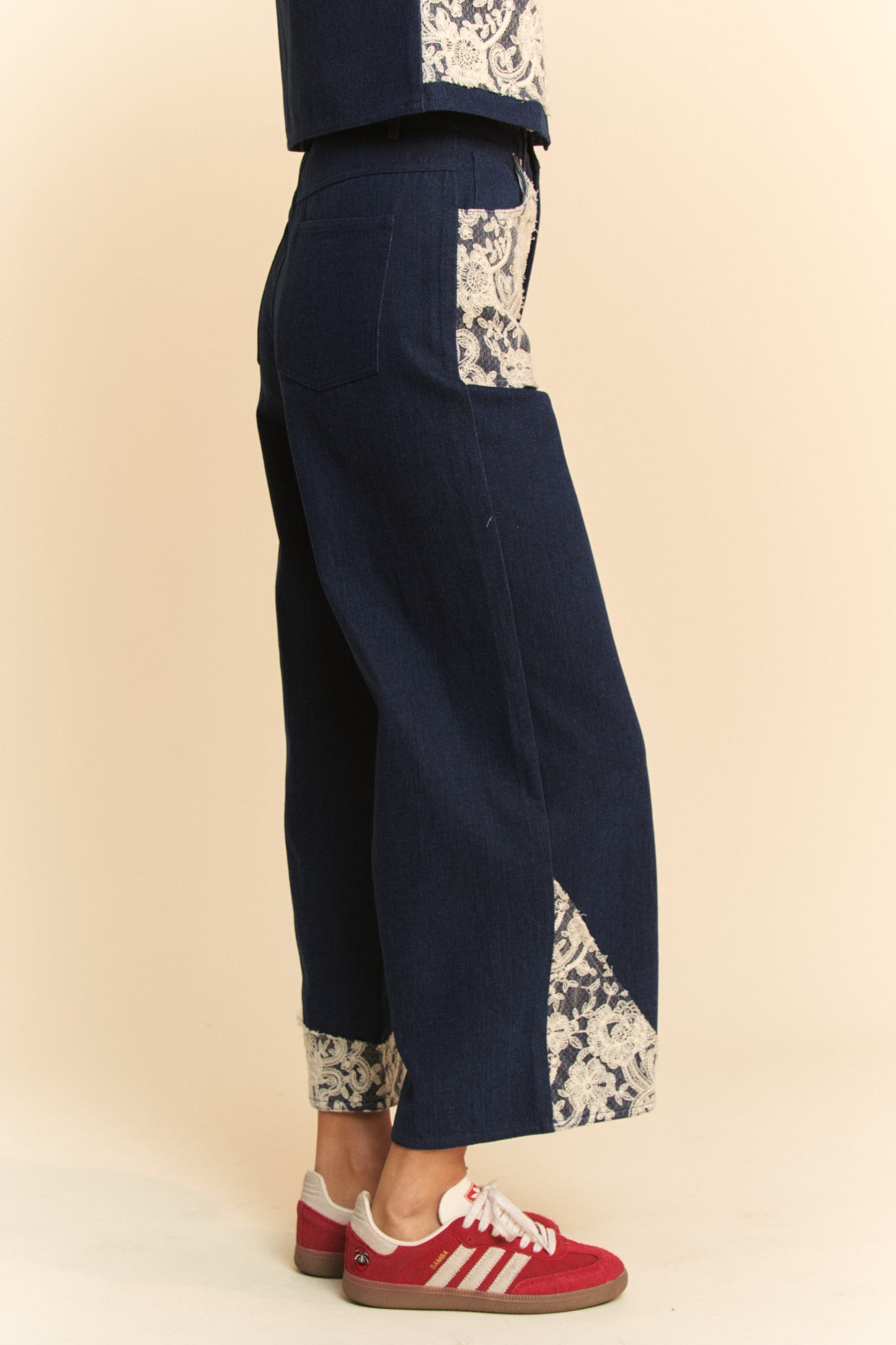 Davi & Dani Lace Applique Wide Leg Jeans-BOTTOMS-[Adult]-[Female]-2022 Online Blue Zone Planet