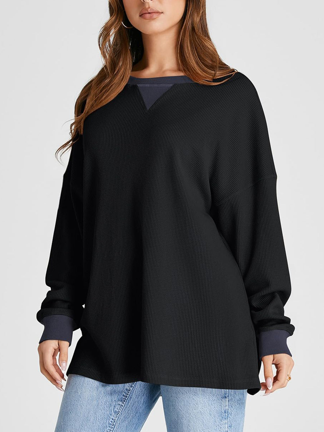 Waffle Knit Round Neck Long Sleeve T-Shirt-TOPS / DRESSES-[Adult]-[Female]-2022 Online Blue Zone Planet