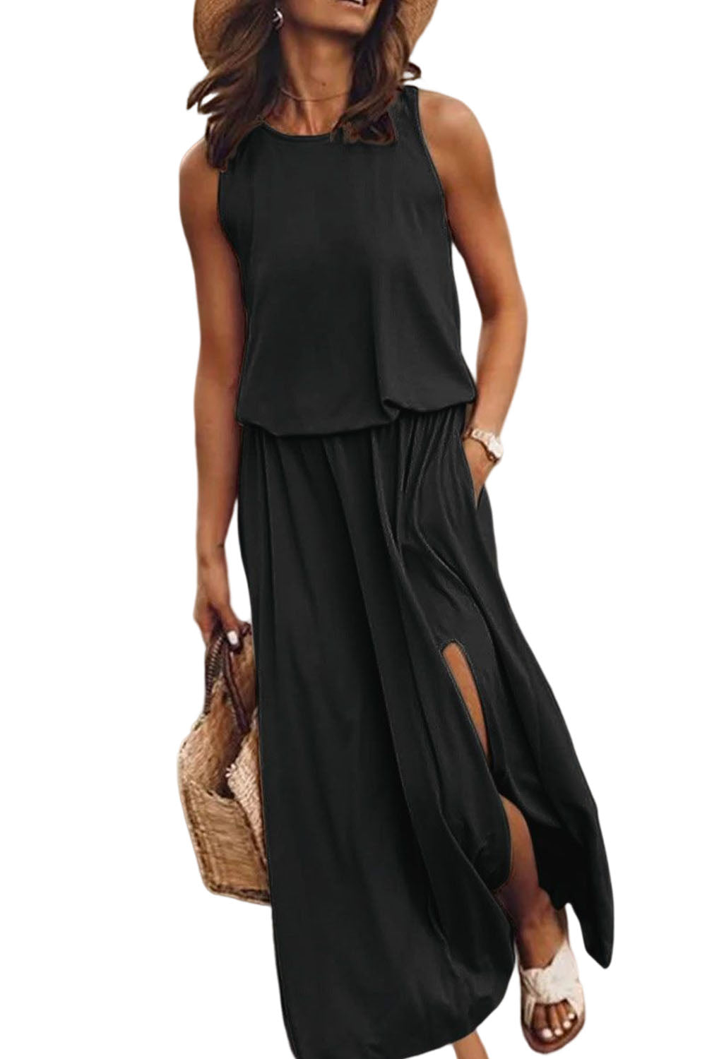 Black Solid Sleeveless Tunic Maxi Dress with Split-Dresses/Maxi Dresses-[Adult]-[Female]-2022 Online Blue Zone Planet