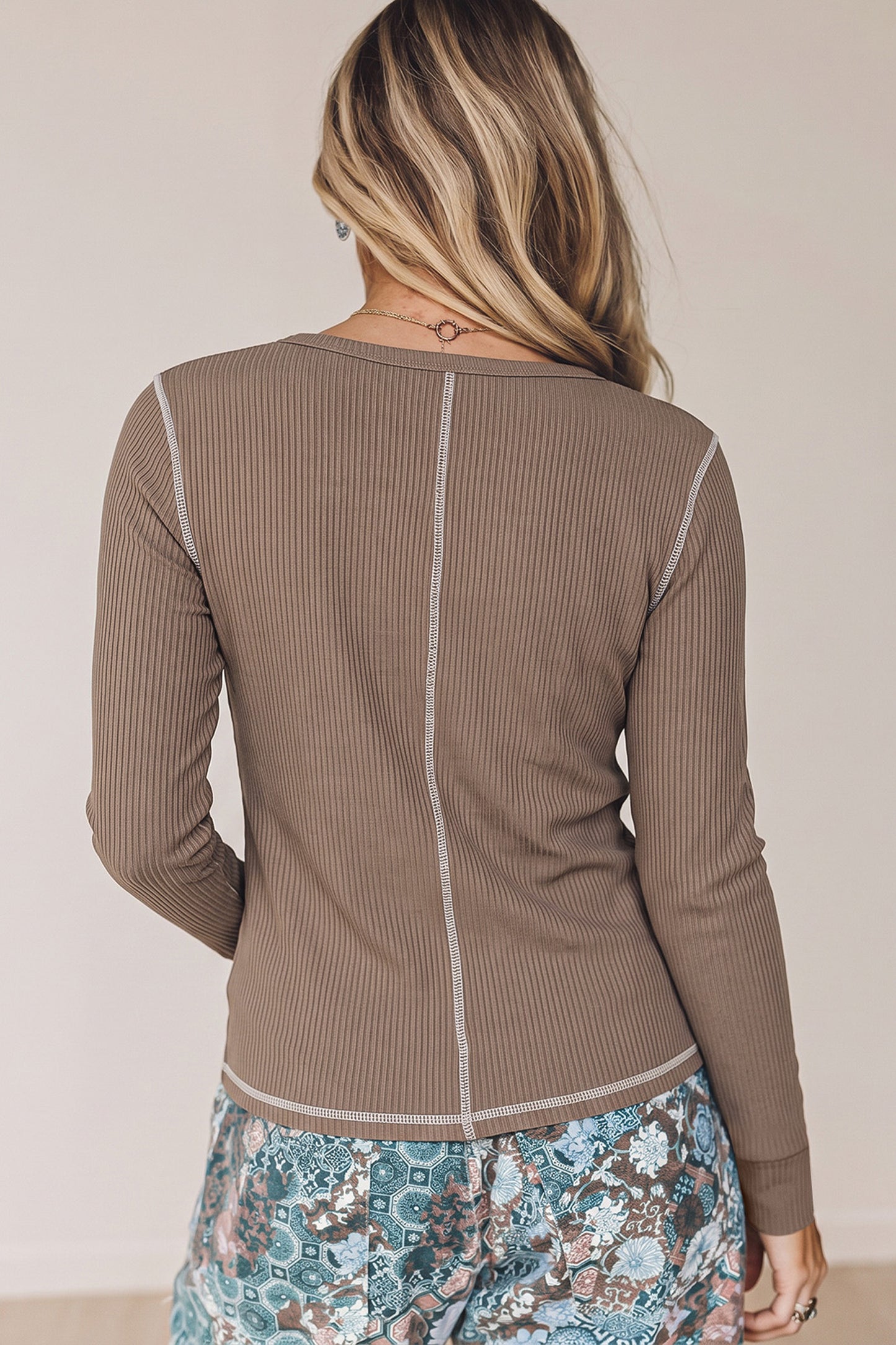 Dark Khaki V Neck Ribbed Stitched Detail Long Sleeve Top-Tops/Long Sleeve Tops-[Adult]-[Female]-2022 Online Blue Zone Planet