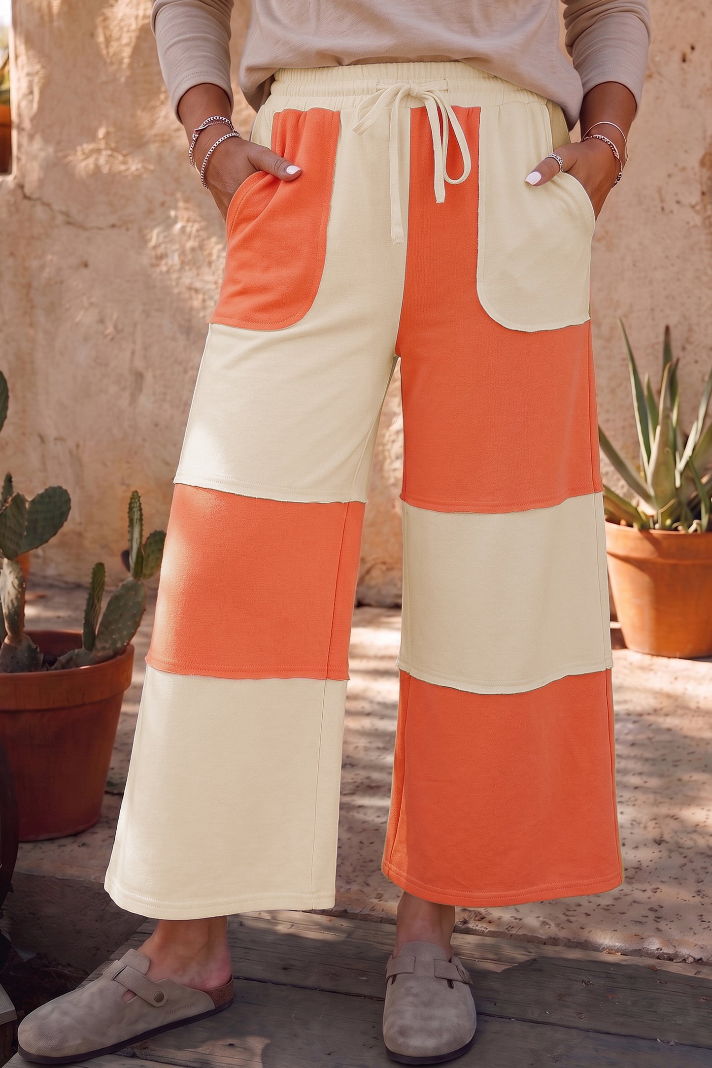 Russet Orange Raw Seam Colorblock Wide Leg Ankle Length Casual Pants