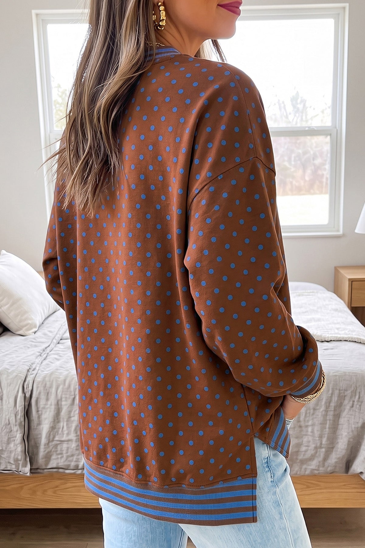 Brown Polka Dot Striped Trim Split Hem Casual Tunic Pullover Sweatshirt-Tops/Sweatshirts & Hoodies-[Adult]-[Female]-2022 Online Blue Zone Planet