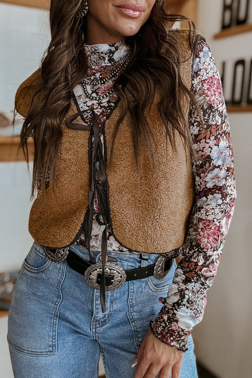 Light French Beige Contrast Trim Tie Front Sherpa Vest-Outerwear/Vests-[Adult]-[Female]-2022 Online Blue Zone Planet