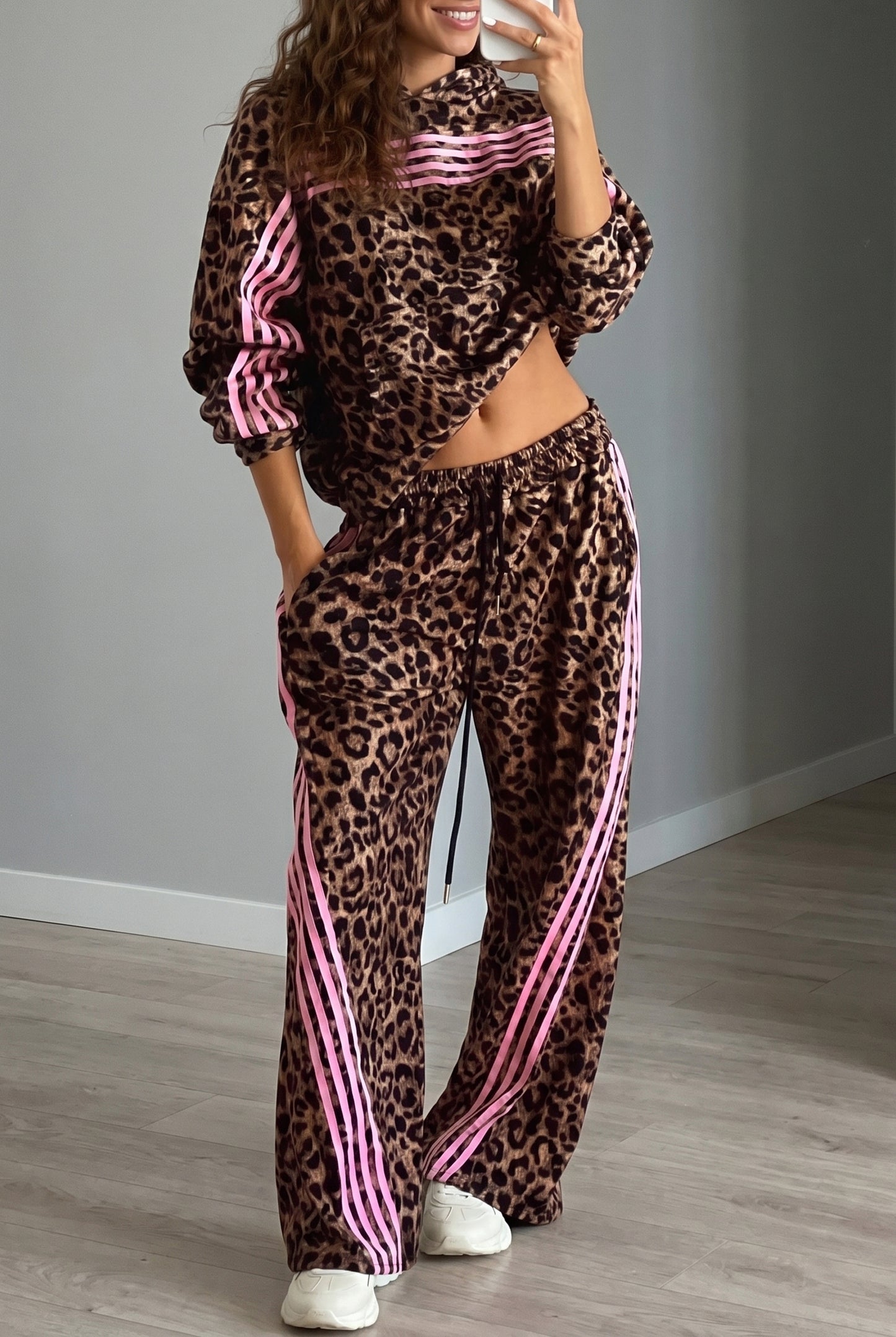 Brown Leopard Print Contrast Striped Detail Long Sleeve Top Pant Set-Two Piece Sets/Pant Sets-[Adult]-[Female]-Brown-S-2022 Online Blue Zone Planet