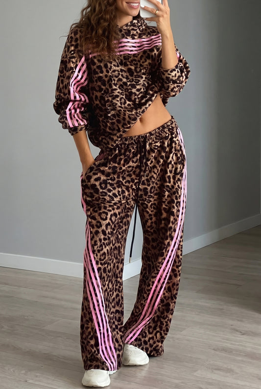 Brown Leopard Print Contrast Striped Detail Long Sleeve Top Pant Set-Two Piece Sets/Pant Sets-[Adult]-[Female]-Brown-S-2022 Online Blue Zone Planet