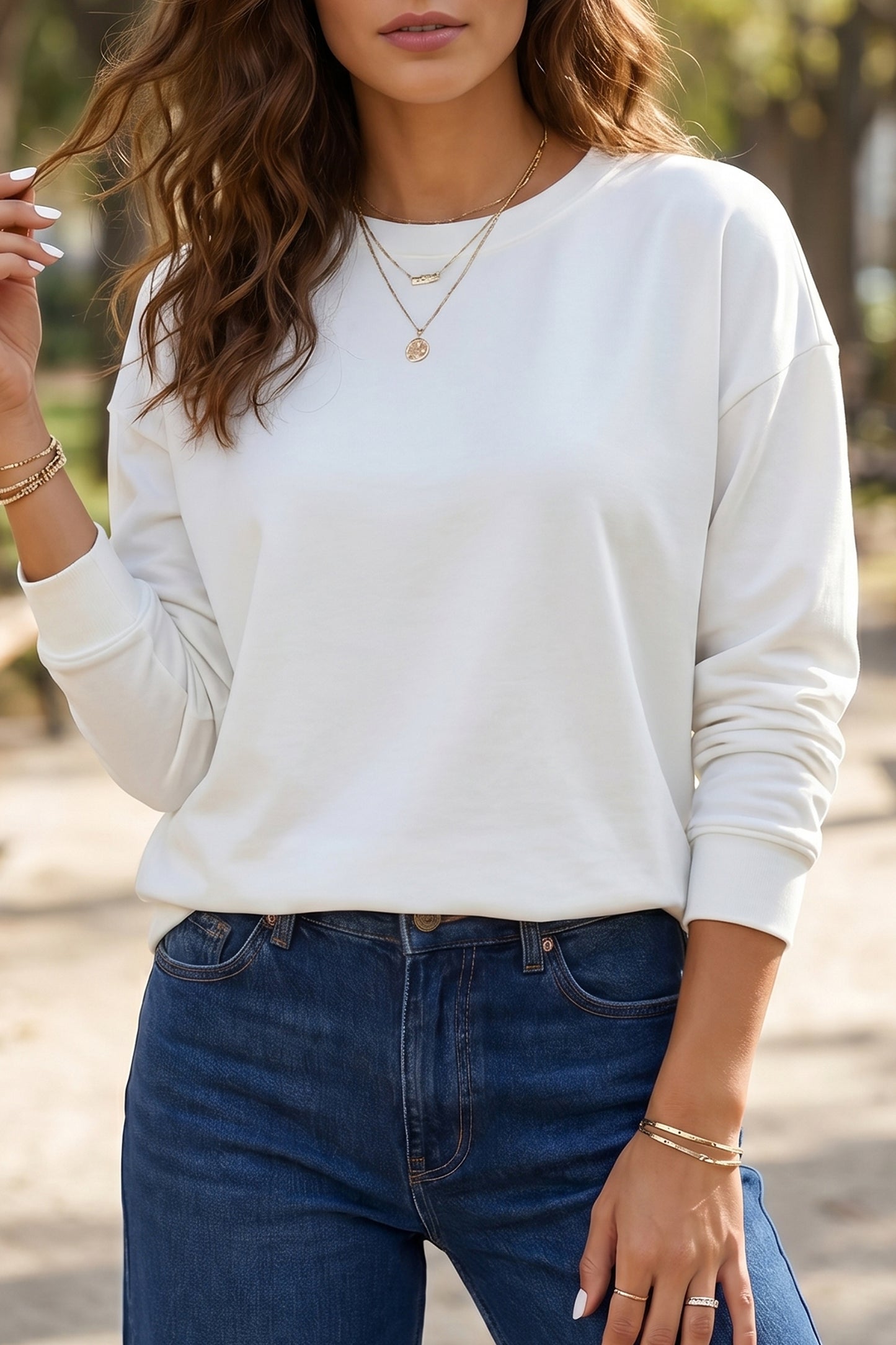 White Solid Color Dropped Shoulder Long Sleeve Top-Tops/Long Sleeve Tops-[Adult]-[Female]-2022 Online Blue Zone Planet