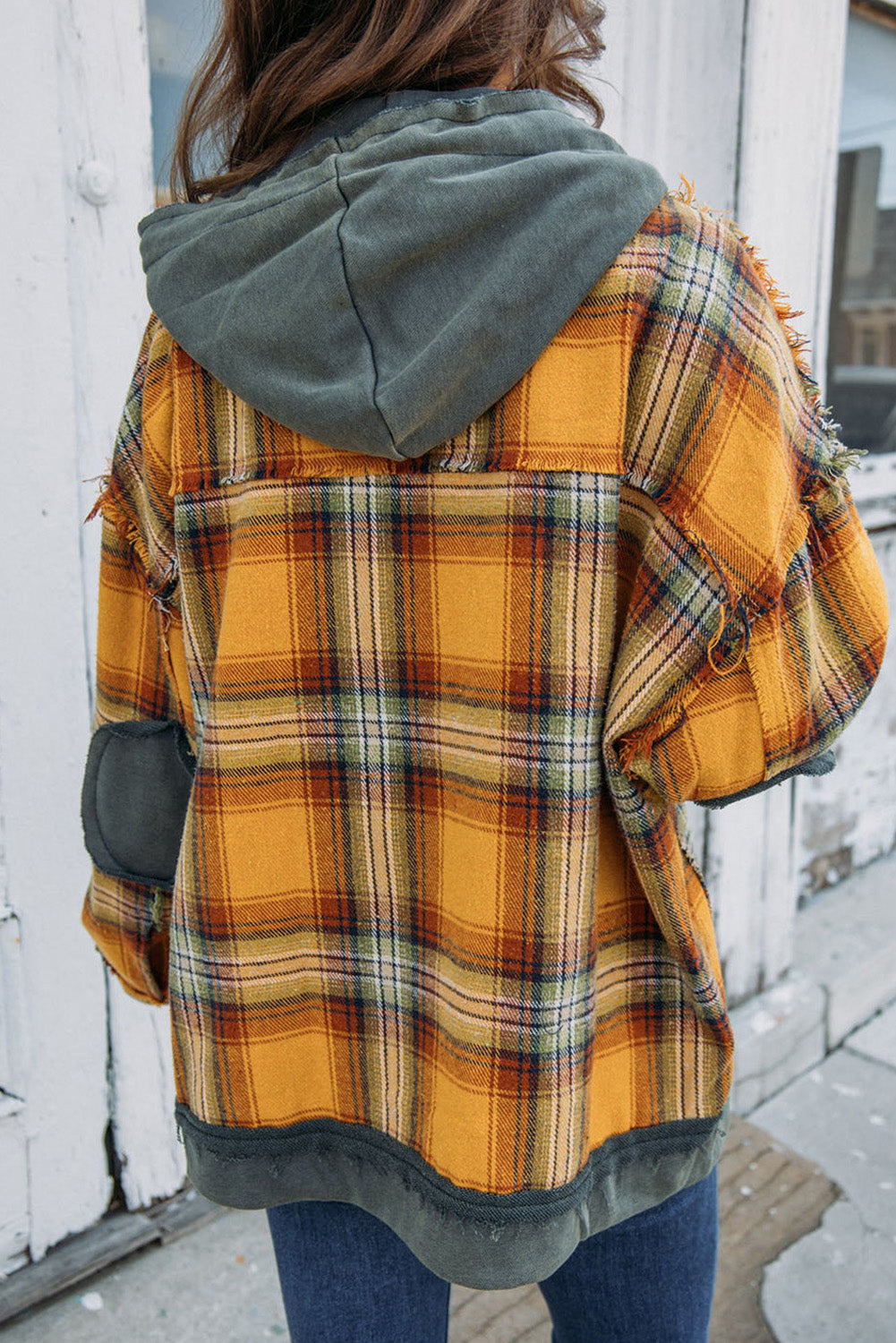 Orange Plaid Patch Hooded Frayed Snap Button Jacket-Outerwear/Plaid Shackets-[Adult]-[Female]-2022 Online Blue Zone Planet