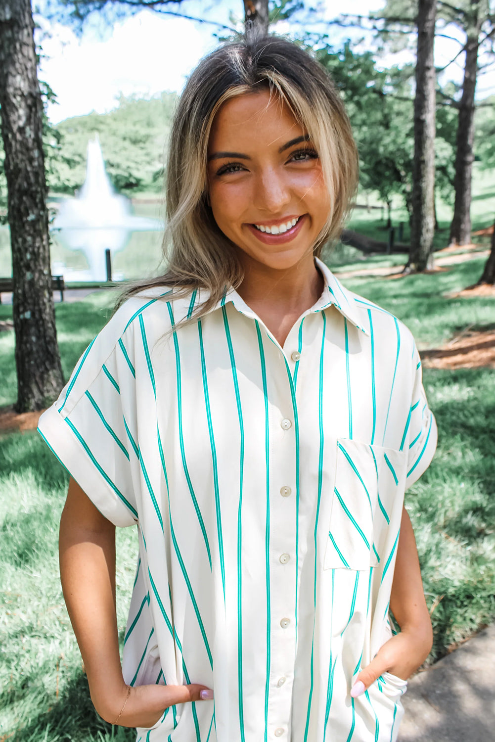 Blue Zone Planet | Mint Green Striped Pocket Short Sleeve Mini Dress-TOPS / DRESSES-[Adult]-[Female]-2022 Online Blue Zone Planet