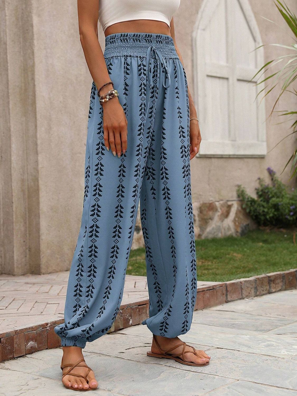 Tied Printed High Waist Pants-BOTTOMS SIZES SMALL MEDIUM LARGE-[Adult]-[Female]-2022 Online Blue Zone Planet