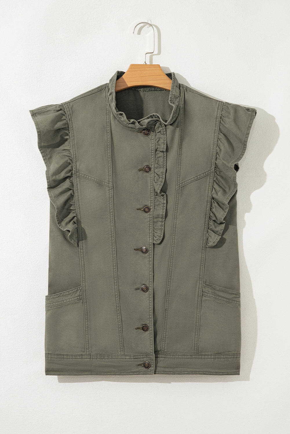 Green Bay Ruffled Patchwork Denim Jacket Vest-Outerwear/Vests-[Adult]-[Female]-2022 Online Blue Zone Planet