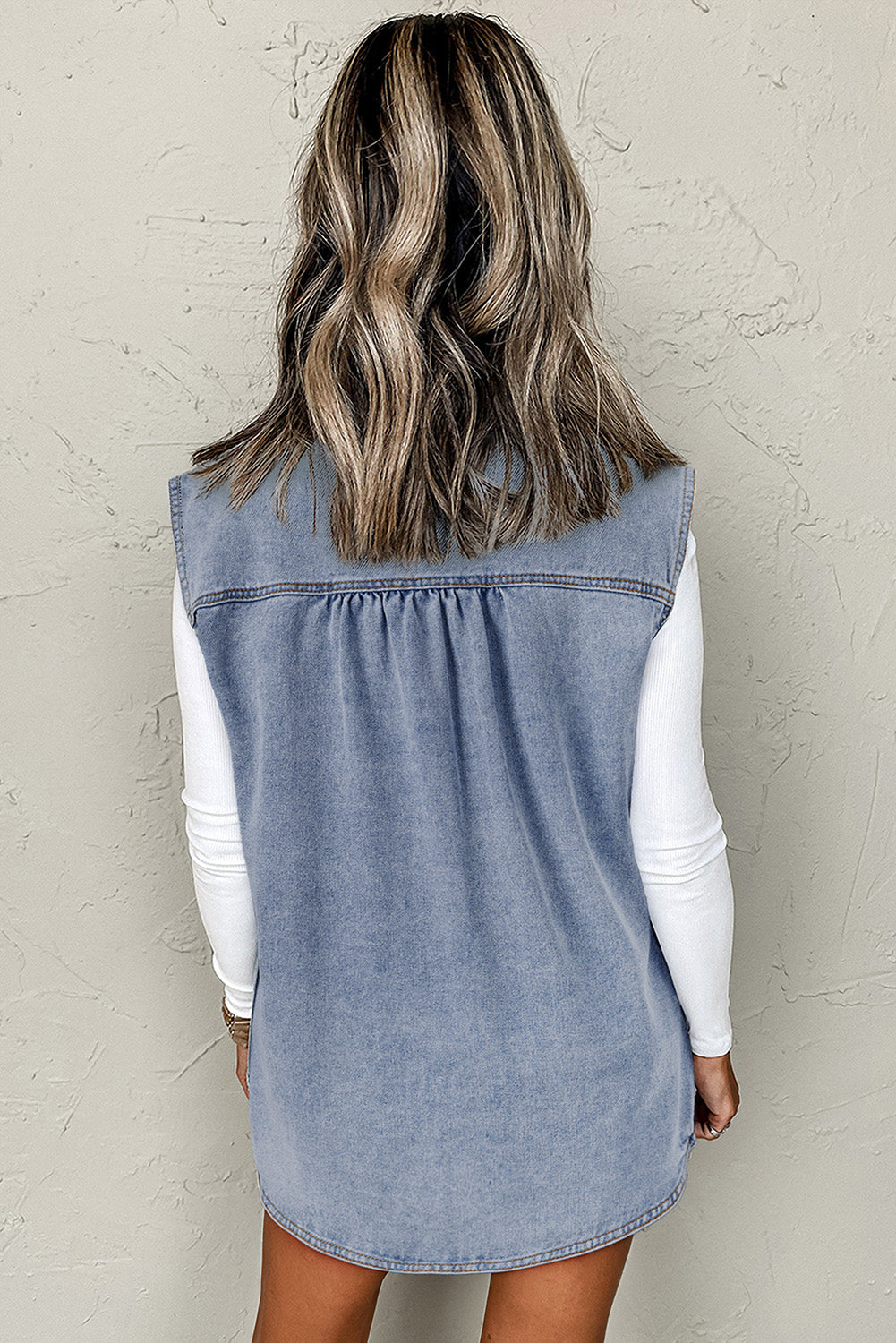 Beau Blue Denim Flap Pocket Curved Hem Shirt Vest-Outerwear/Vests-[Adult]-[Female]-2022 Online Blue Zone Planet