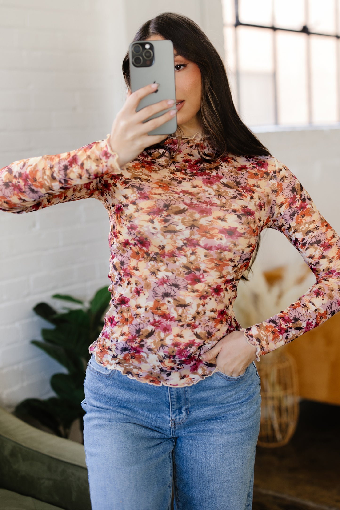 Red Lettuce Trim Floral Print Mesh Long Sleeve Top-Tops/Long Sleeve Tops-[Adult]-[Female]-2022 Online Blue Zone Planet