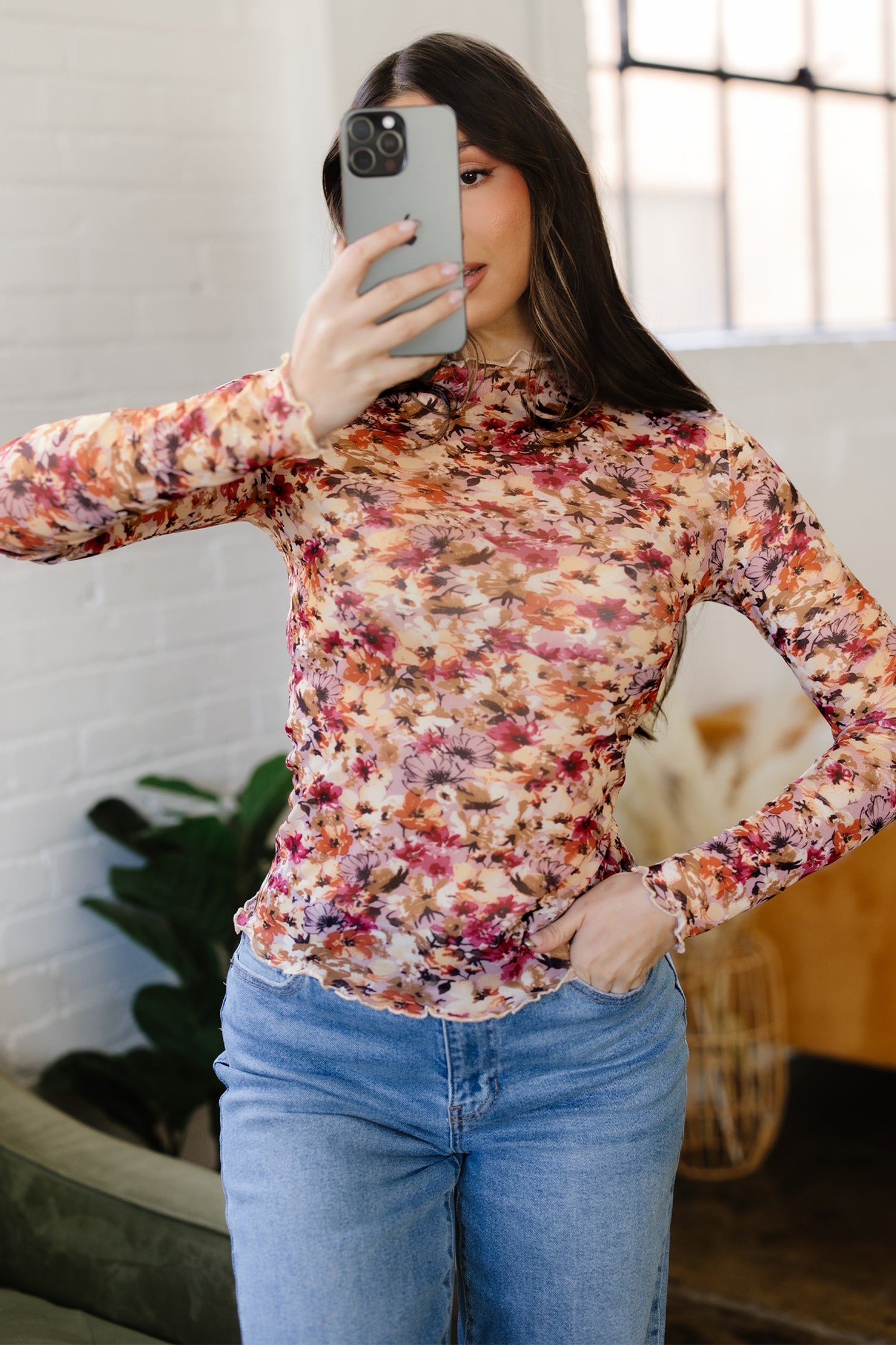 Red Lettuce Trim Floral Print Mesh Long Sleeve Top-Tops/Long Sleeve Tops-[Adult]-[Female]-2022 Online Blue Zone Planet