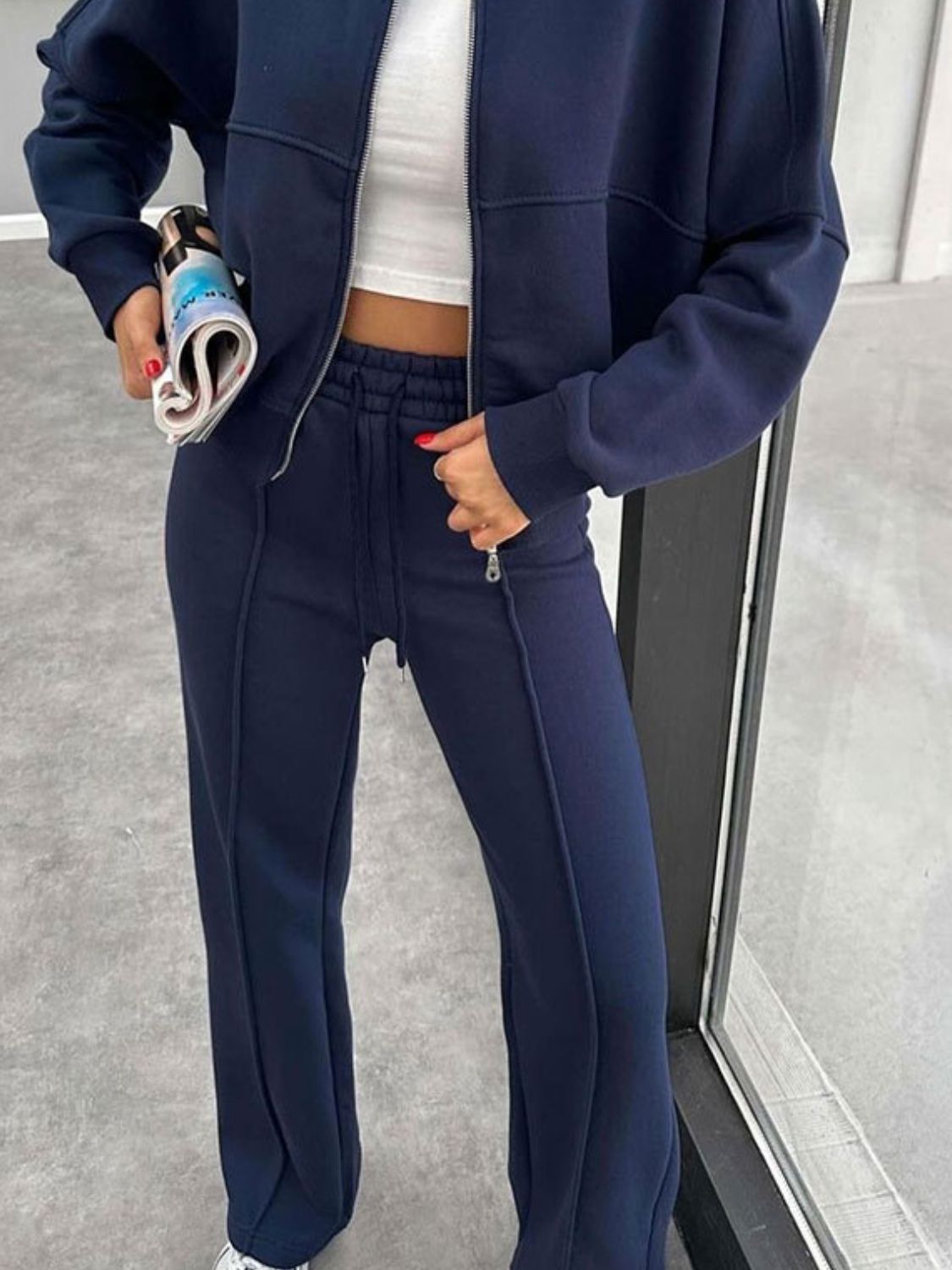 Baseball Collar Zip Up Outerwear and Drawstring Pants Set-TOPS / DRESSES-[Adult]-[Female]-2022 Online Blue Zone Planet