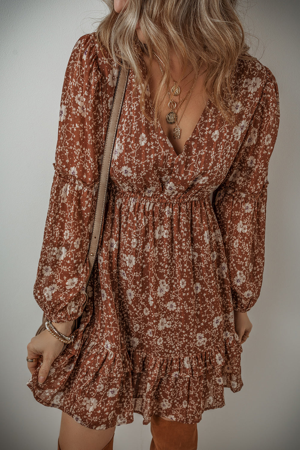 Blue Zone Planet | Brown Boho Floral Ruffled Puff Sleeve V Neck Mini Dress-TOPS / DRESSES-[Adult]-[Female]-Brown-S-2022 Online Blue Zone Planet