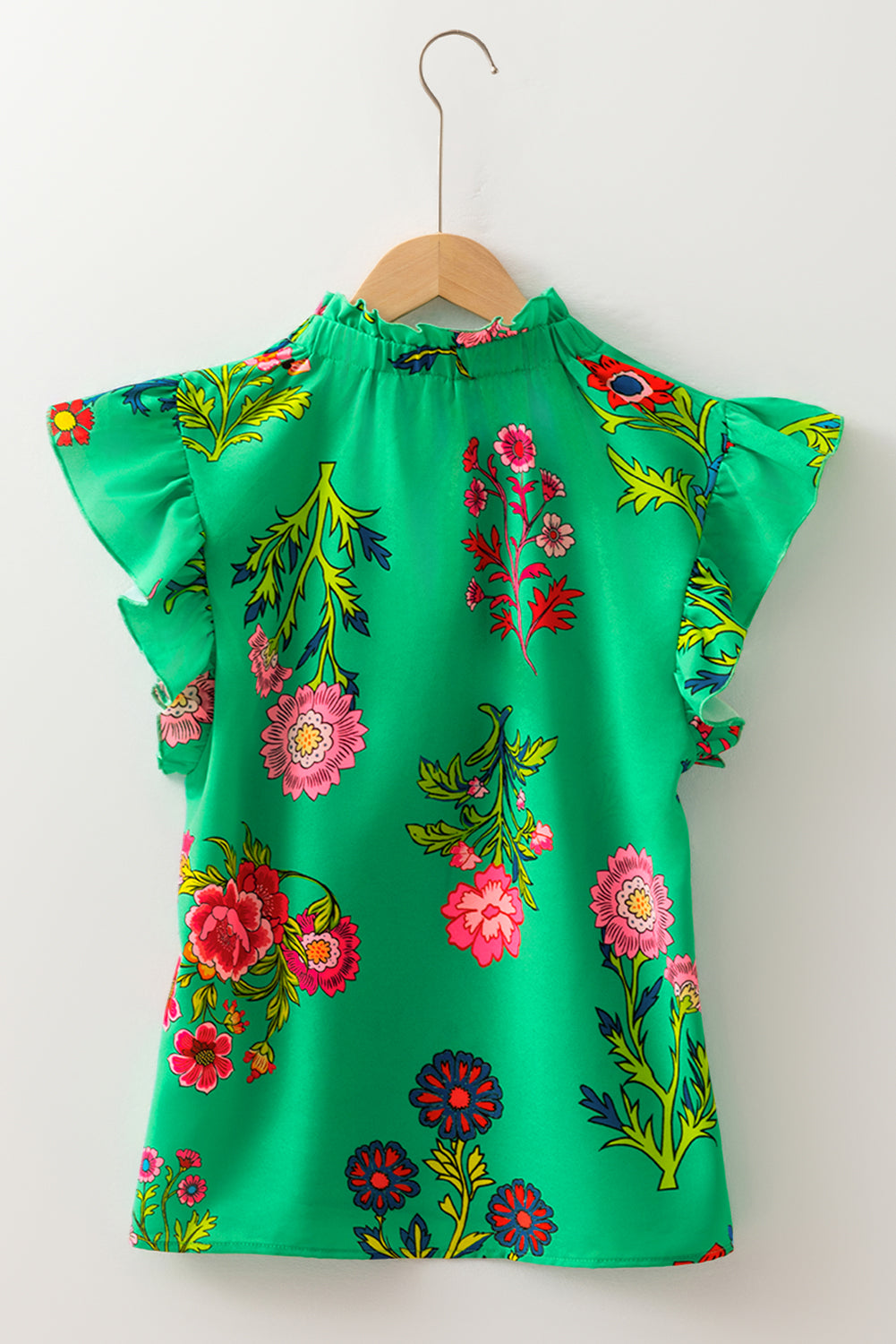Green Floral Print Flutter Sleeve Frilly Neck Blouse-Tops/Blouses & Shirts-[Adult]-[Female]-2022 Online Blue Zone Planet