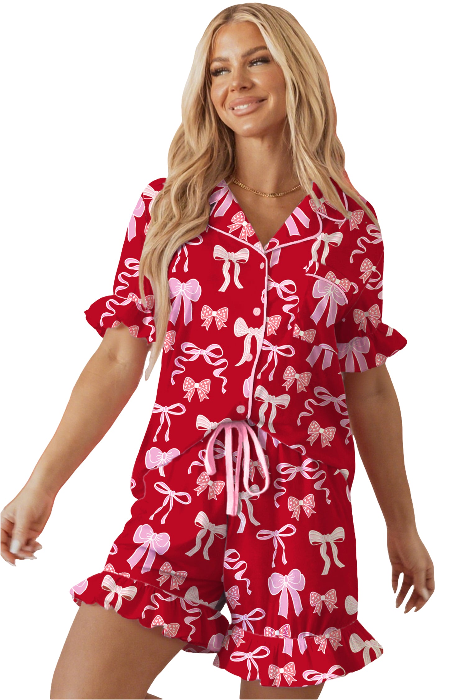 Red Sweet Bow Print Ruffled Short Sleeve Shirt Shorts 2pcs Pajama Set-Loungewear & Sleepwear/Sleepwear-[Adult]-[Female]-2022 Online Blue Zone Planet