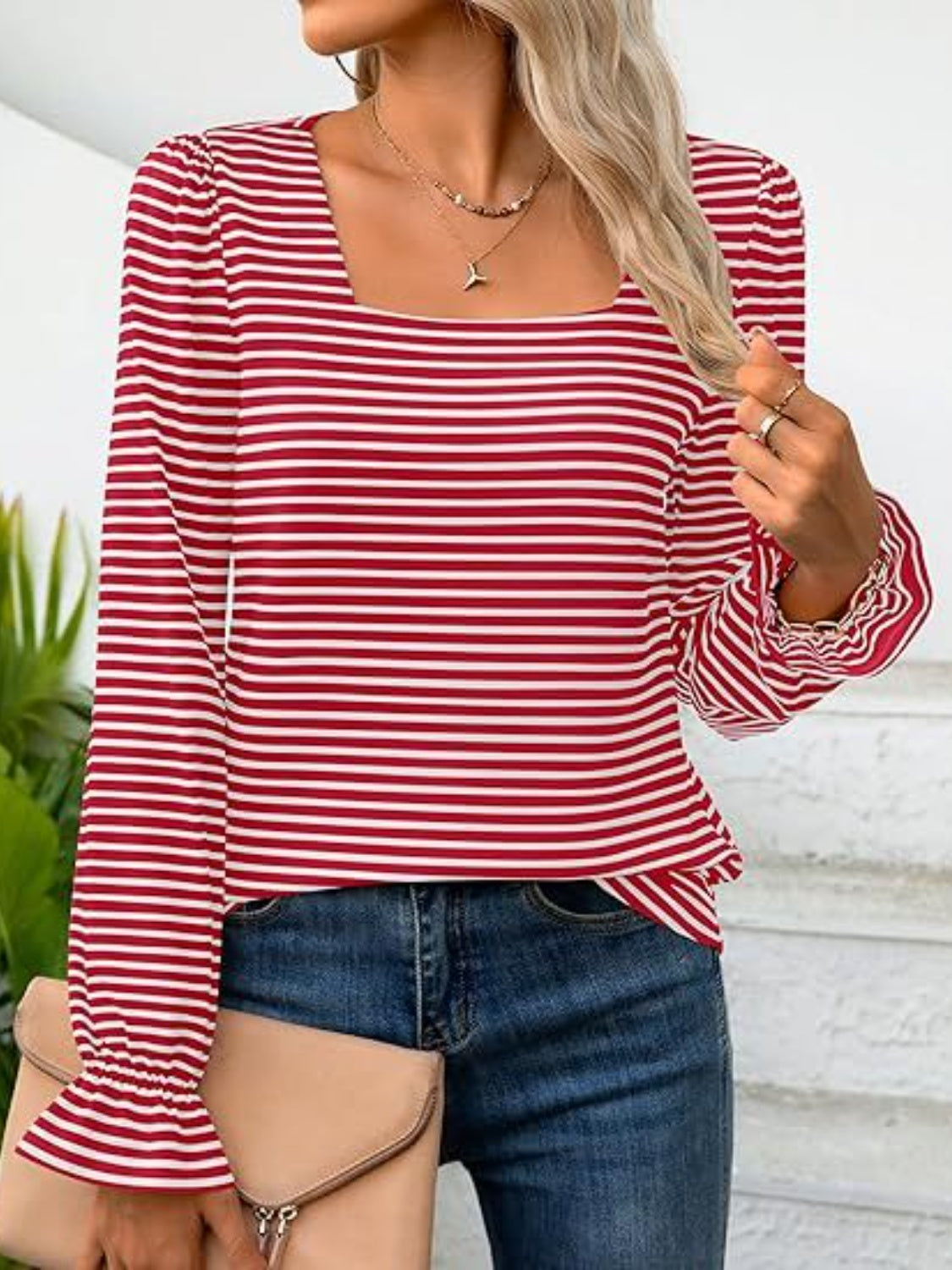 Striped Square Neck Flounce Sleeve Top-TOPS / DRESSES-[Adult]-[Female]-Deep Red-S-2022 Online Blue Zone Planet