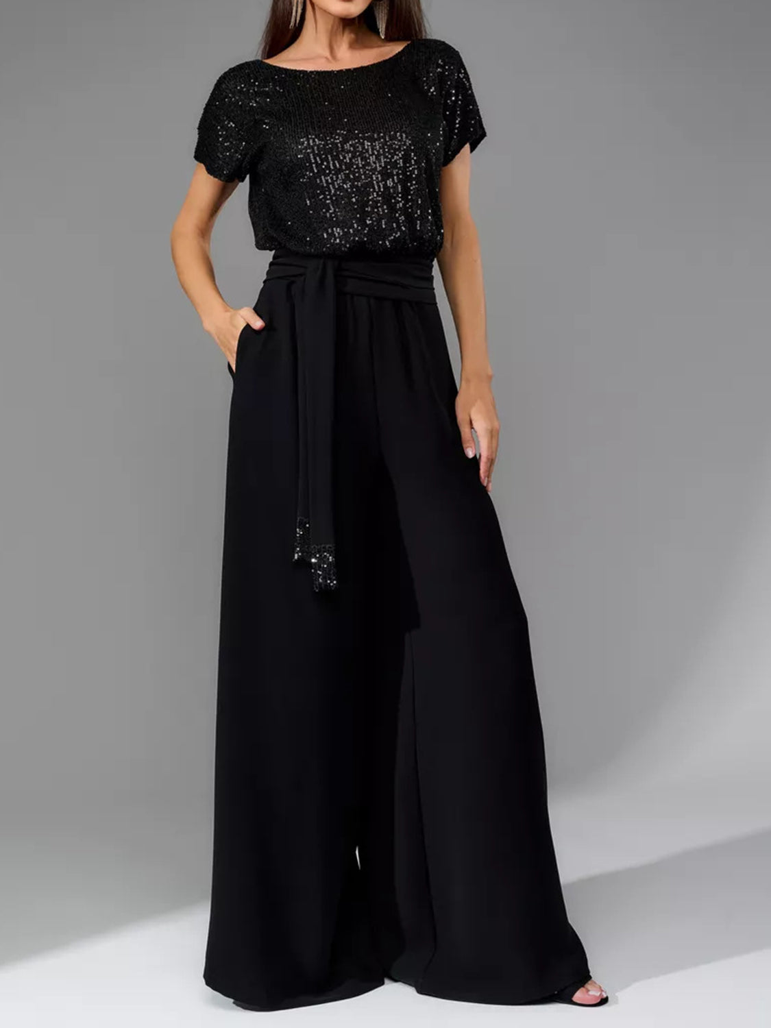 Full Size Sequin Round Neck Short Sleeve Wide Leg Jumpsuit-TOPS / DRESSES-[Adult]-[Female]-Black-S-2022 Online Blue Zone Planet