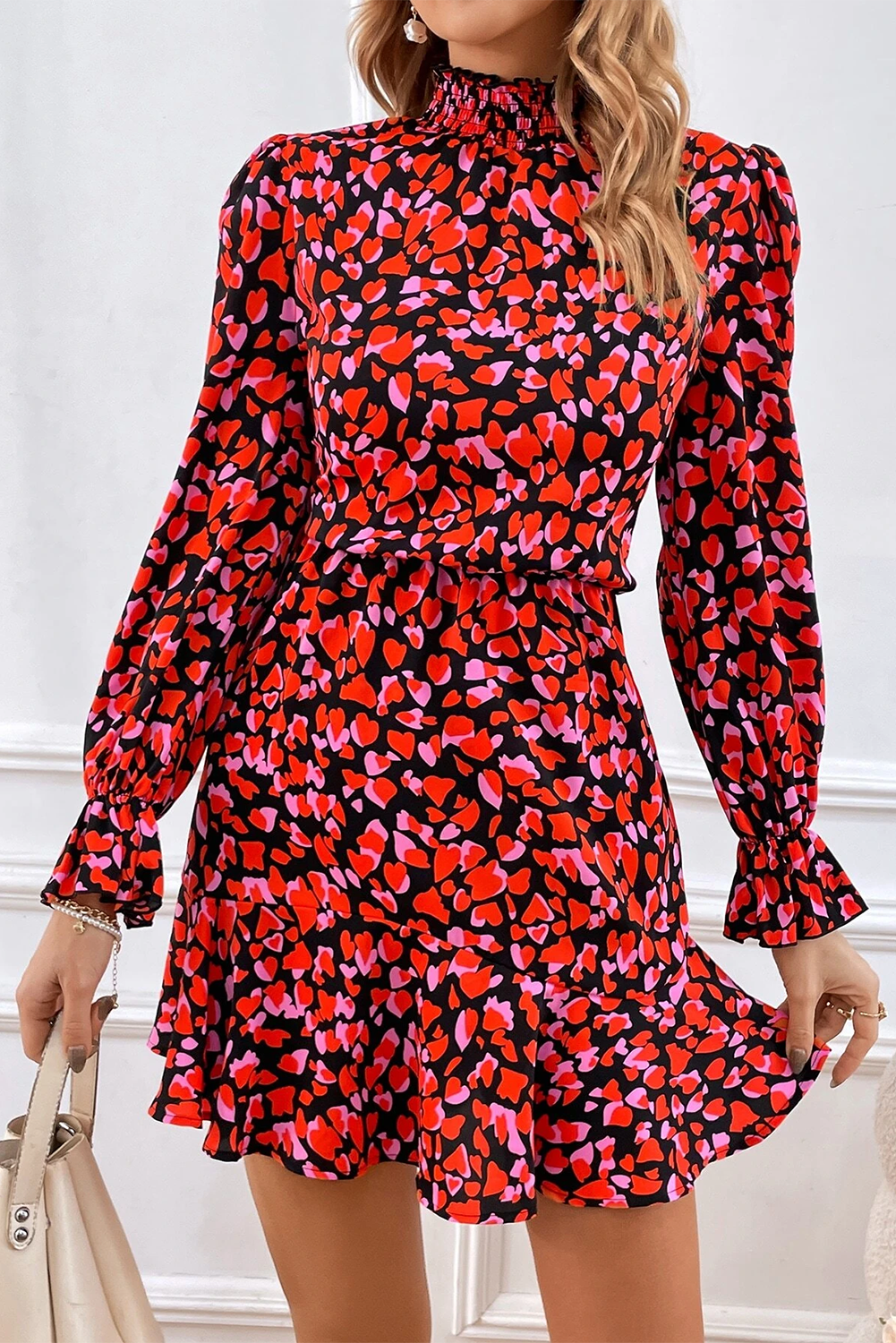 Blue Zone Planet | Red Valentines Day Heart Shape Print Long Sleeve Mini Dress-TOPS / DRESSES-[Adult]-[Female]-Red-S-2022 Online Blue Zone Planet