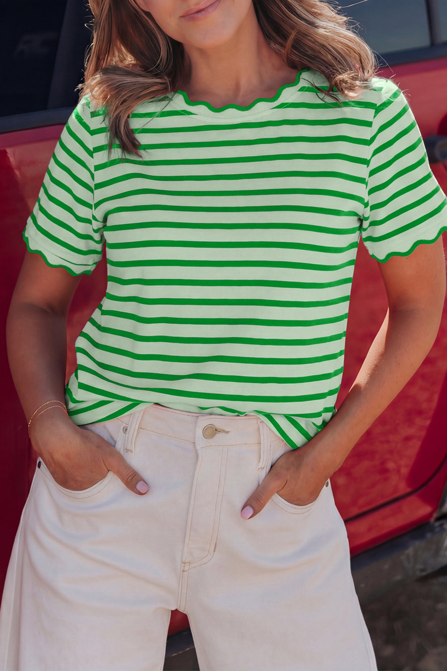 Green Stripe Scalloped Trim Round Neck T Shirt-Tops/Tops & Tees-[Adult]-[Female]-Green Stripe-S-2022 Online Blue Zone Planet