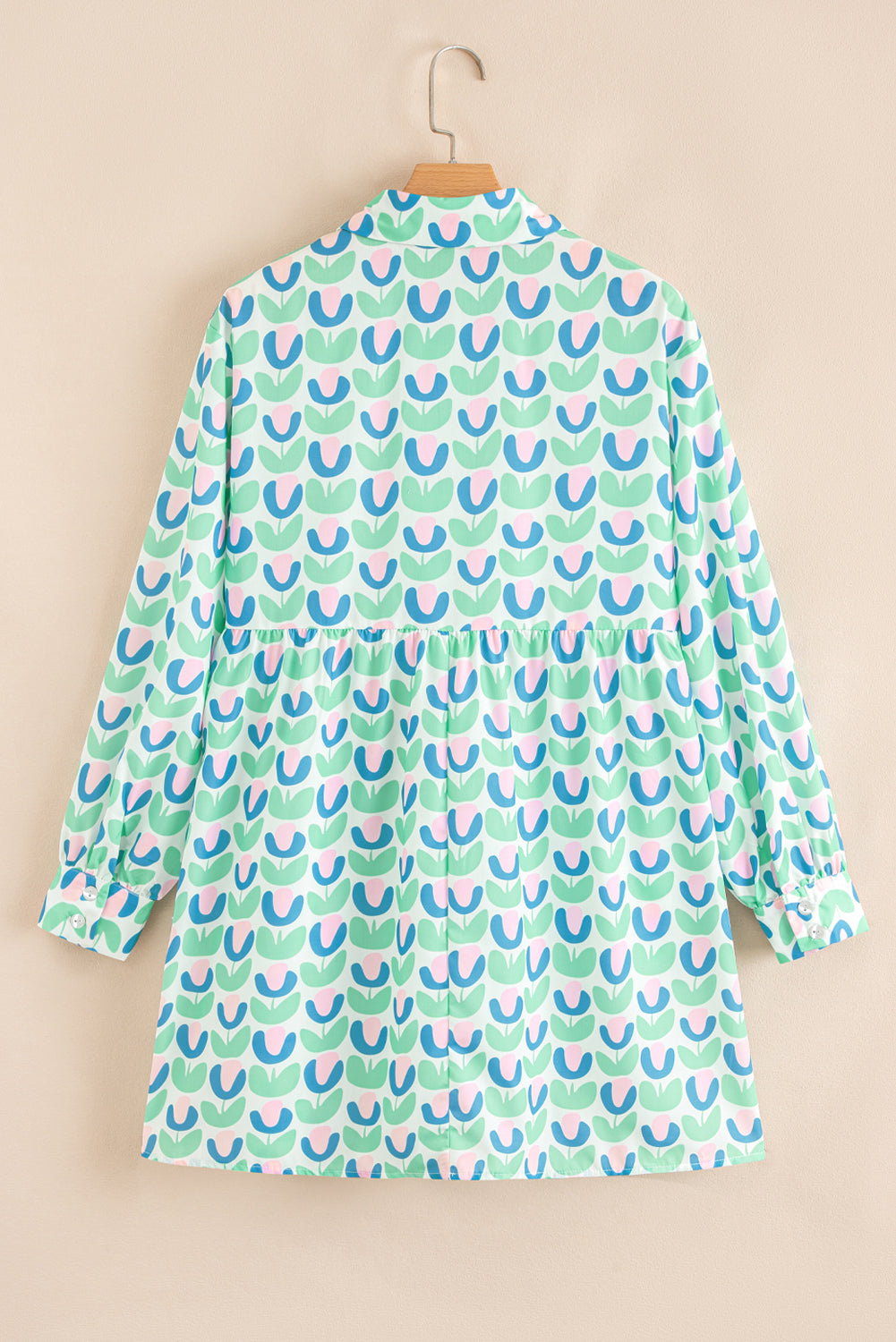 Green Floral Print Notched Neck Scalloped Detail Long Sleeve Mini Dress-TOPS / DRESSES-[Adult]-[Female]-2022 Online Blue Zone Planet