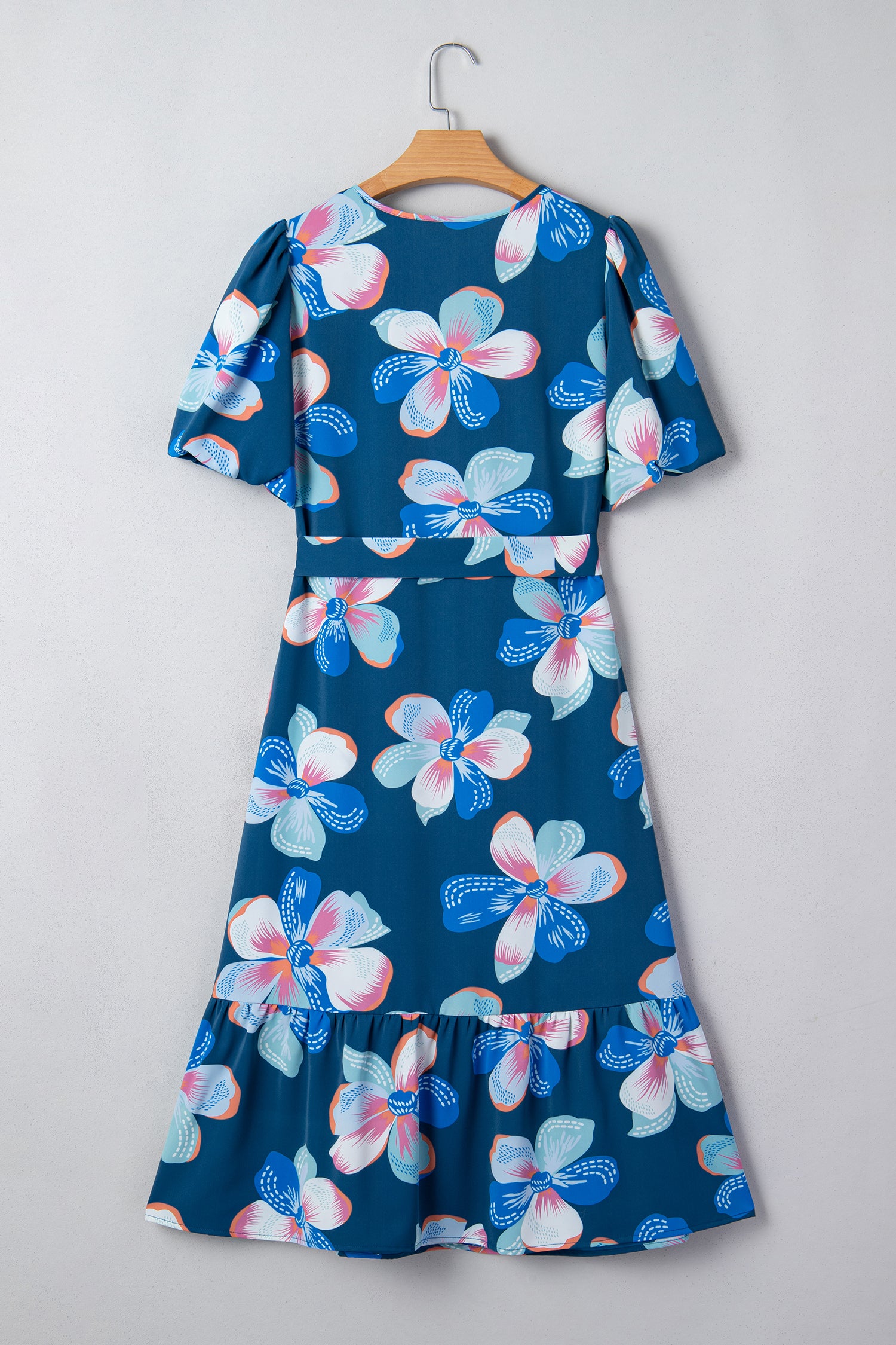 Blue Floral Print Short Puff Sleeve Ruffle Hem Belted Long Dress-TOPS / DRESSES-[Adult]-[Female]-2022 Online Blue Zone Planet
