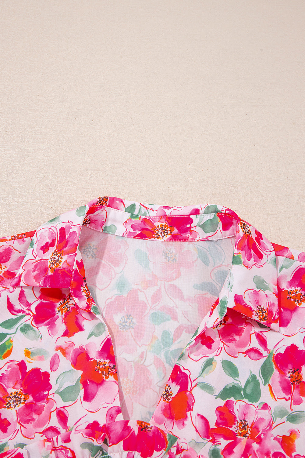 Pink Floral Boxy Fit Ruffled Short Sleeve V Neck Blouse-Tops/Blouses & Shirts-[Adult]-[Female]-2022 Online Blue Zone Planet