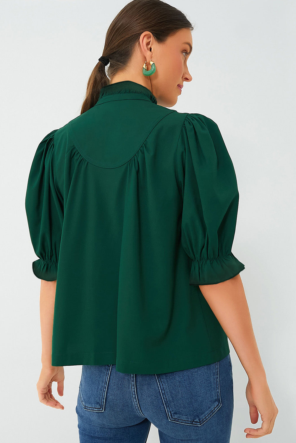Blackish Green Solid Puff Sleeve Frilled Trim Elegant Blouse-Tops/Blouses & Shirts-[Adult]-[Female]-2022 Online Blue Zone Planet