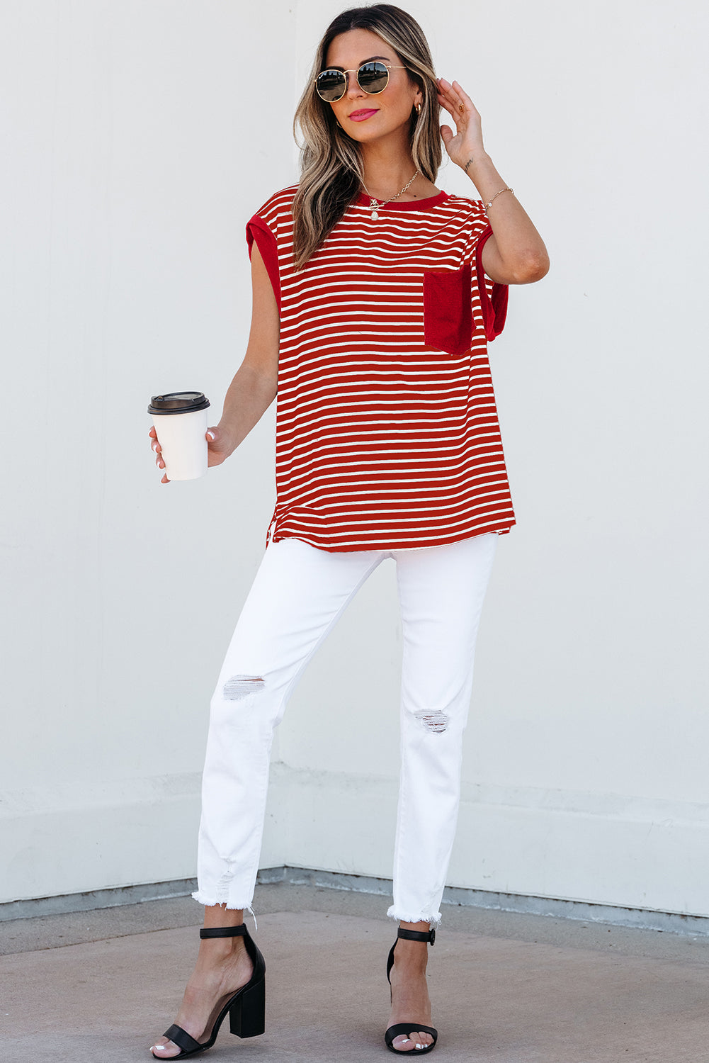 Red Stripe Chest Pocket Patch Round Neck Tank Top-Tops/Tank Tops-[Adult]-[Female]-2022 Online Blue Zone Planet