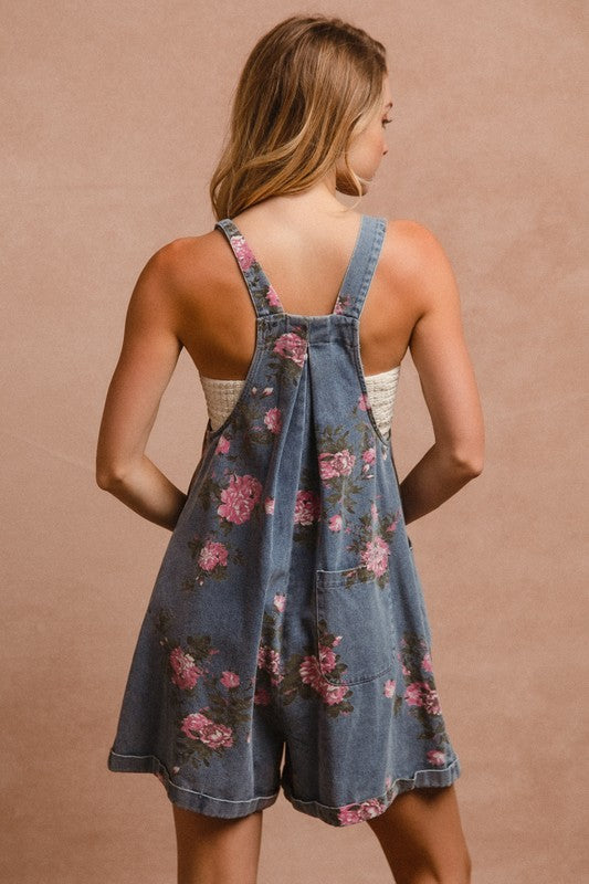 BiBi Flower Printed Wide Strap Denim Overalls-TOPS / DRESSES-[Adult]-[Female]-2022 Online Blue Zone Planet