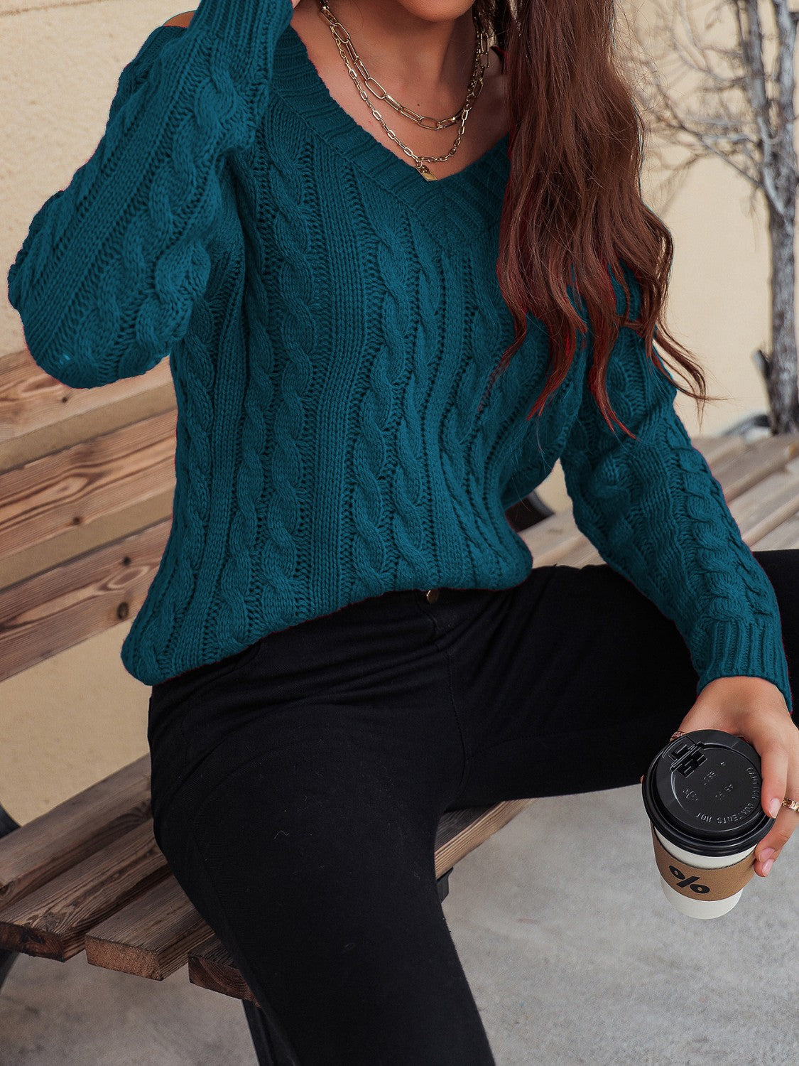 Honey Cable-Knit V-Neck Cold Shoulder Sweater-TOPS / DRESSES-[Adult]-[Female]-2022 Online Blue Zone Planet