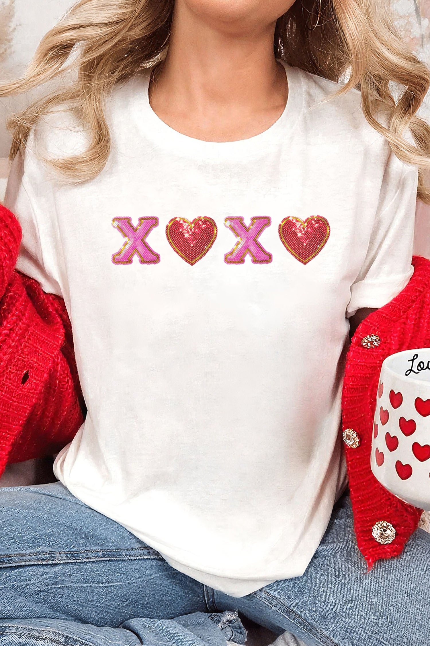 White Xoxo Sequin Heart Patched Valentines Day Cuffed T Shirt-Graphic Tees-[Adult]-[Female]-White-L-2022 Online Blue Zone Planet