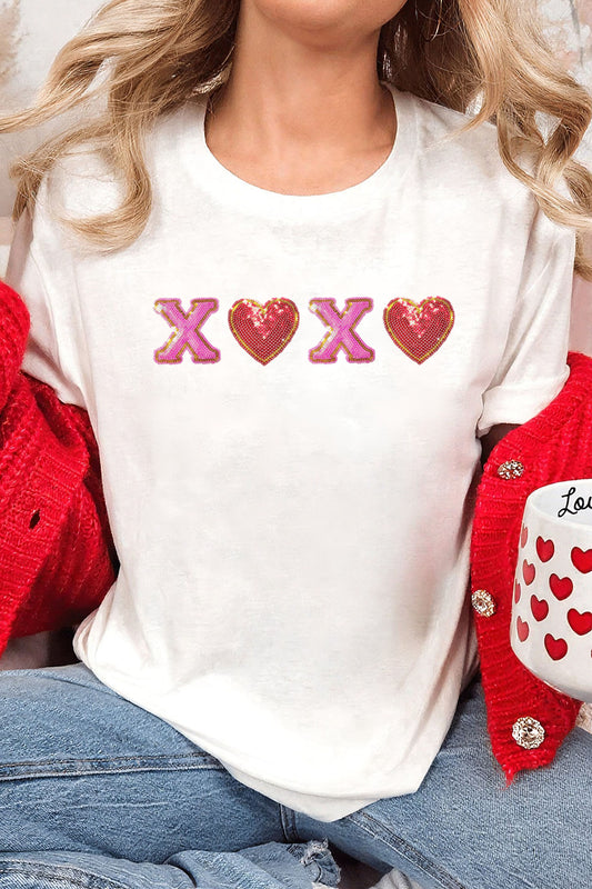 White Xoxo Sequin Heart Patched Valentines Day Cuffed T Shirt-Graphic Tees-[Adult]-[Female]-White-L-2022 Online Blue Zone Planet