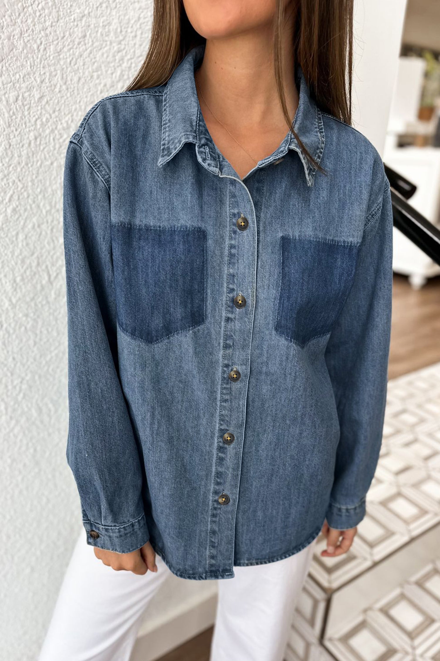 Sky Blue Color Block Pocket Detail Casual Button Down Denim Shirt-Tops/Blouses & Shirts-[Adult]-[Female]-2022 Online Blue Zone Planet