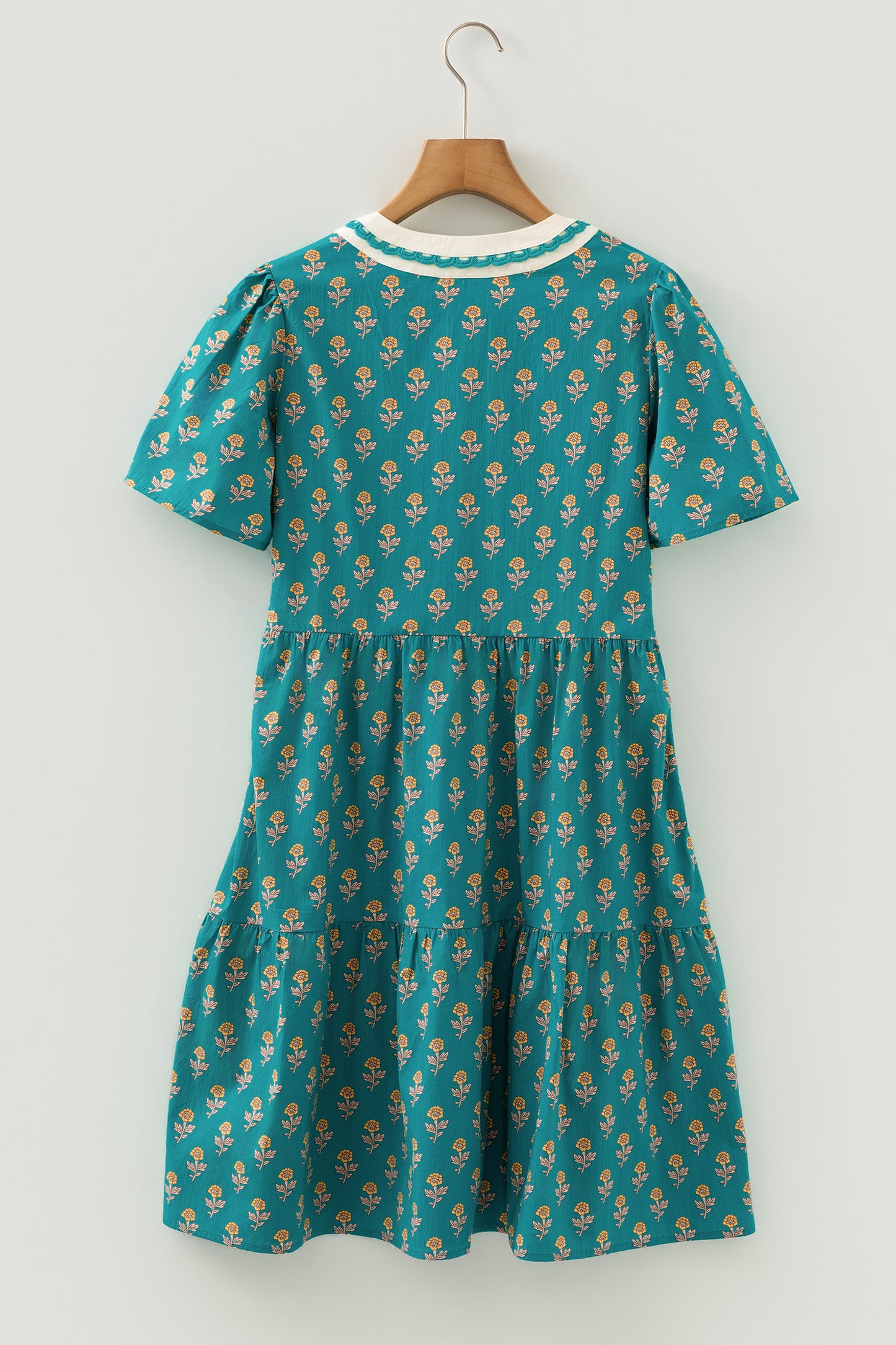 Green Contrast Trim V Neck Short Sleeve Floral Dress-TOPS / DRESSES-[Adult]-[Female]-2022 Online Blue Zone Planet