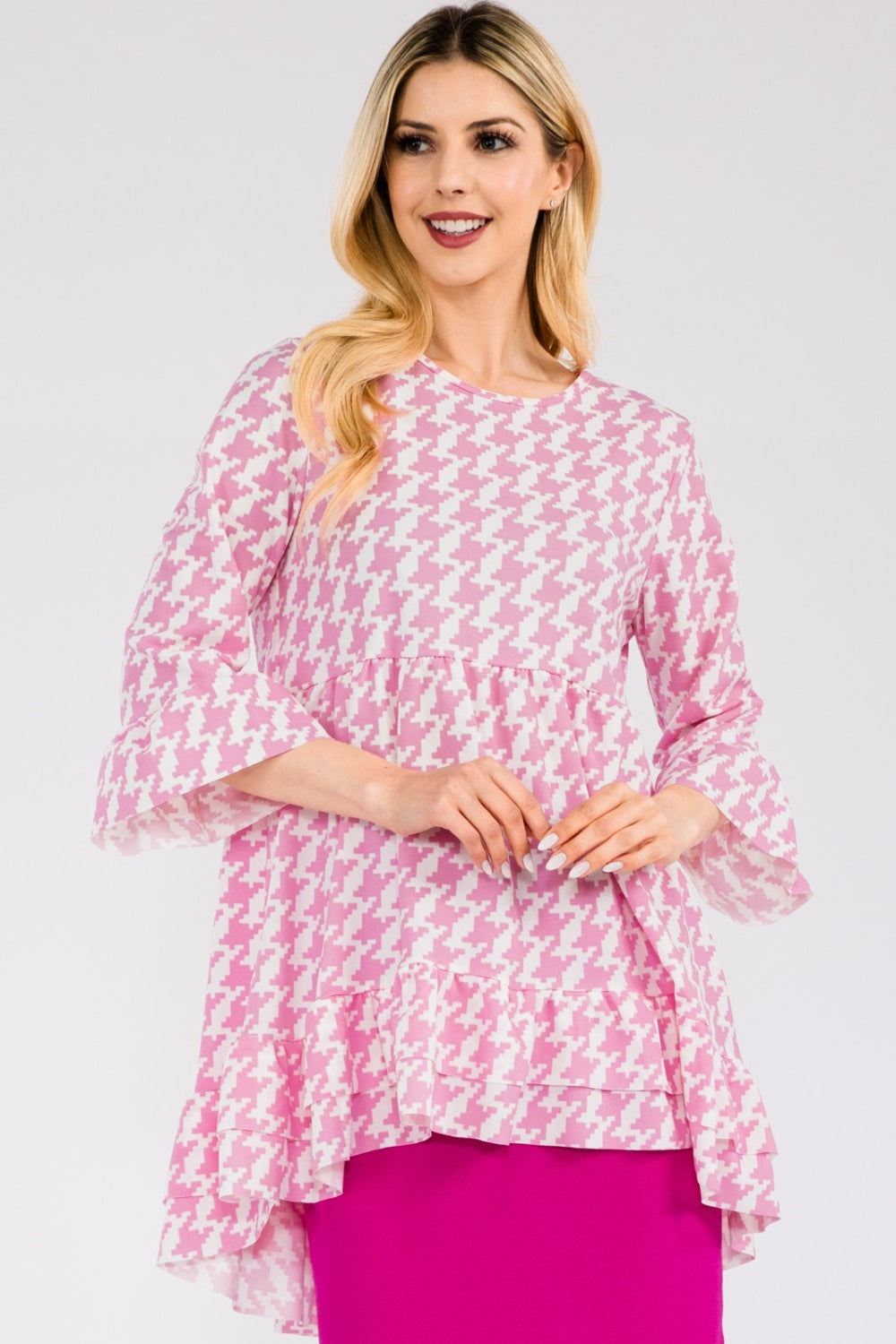 Celeste Full Size Houndstooth Flounce Sleeve High-Low Top-TOPS / DRESSES-[Adult]-[Female]-Pink-S-2022 Online Blue Zone Planet