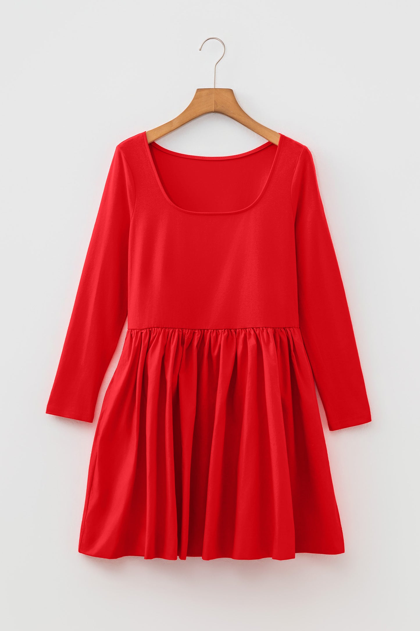 Fiery Red U Neck Long Sleeve Fit and Flare Short Dress-Dresses/Mini Dresses-[Adult]-[Female]-2022 Online Blue Zone Planet
