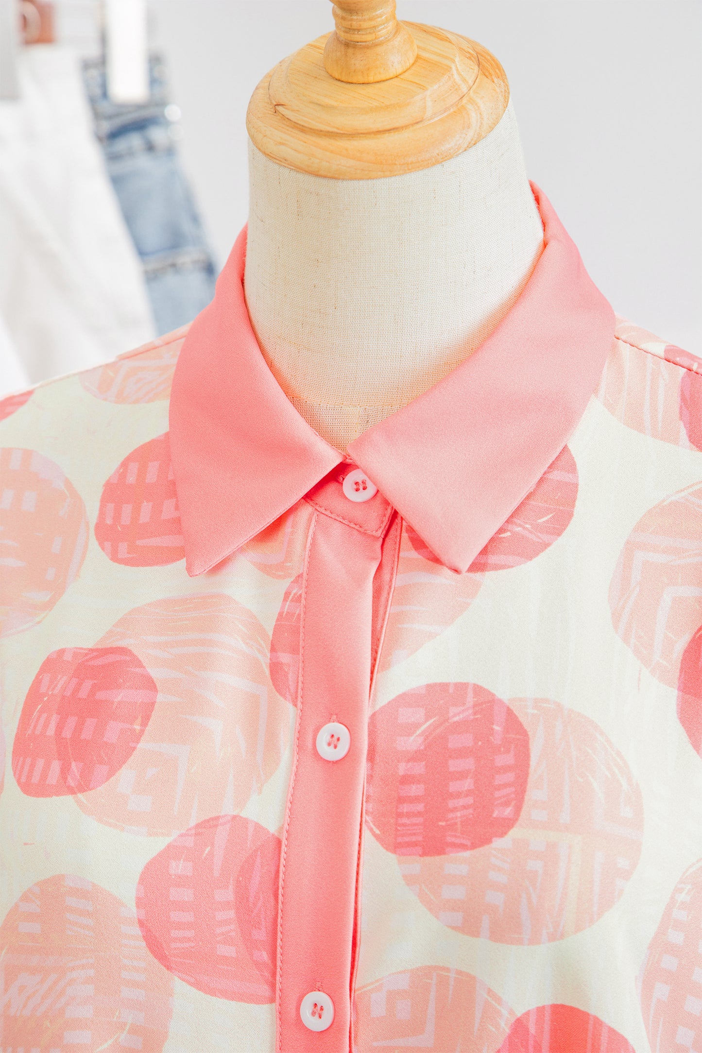 Pink Double Polka Dot Printed Ruffle Trim Short Sleeve Babydoll Shirt-Tops/Blouses & Shirts-[Adult]-[Female]-2022 Online Blue Zone Planet
