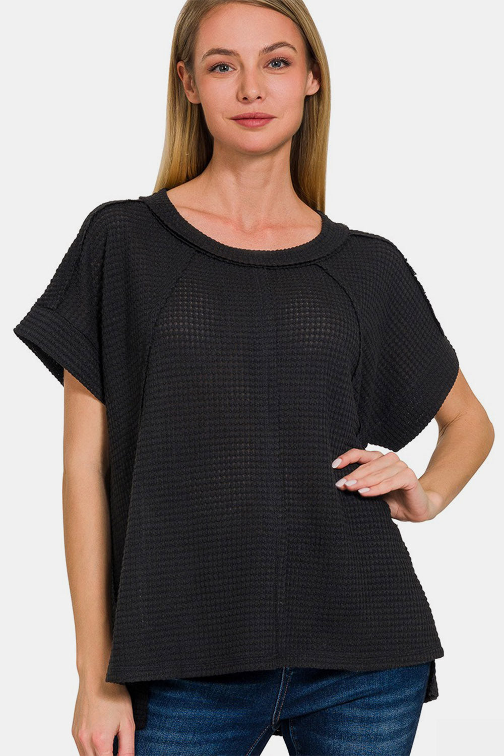 Zenana Waffle Exposed-Seam Short Sleeve T-Shirt-TOPS / DRESSES-[Adult]-[Female]-Black-S/M-2022 Online Blue Zone Planet