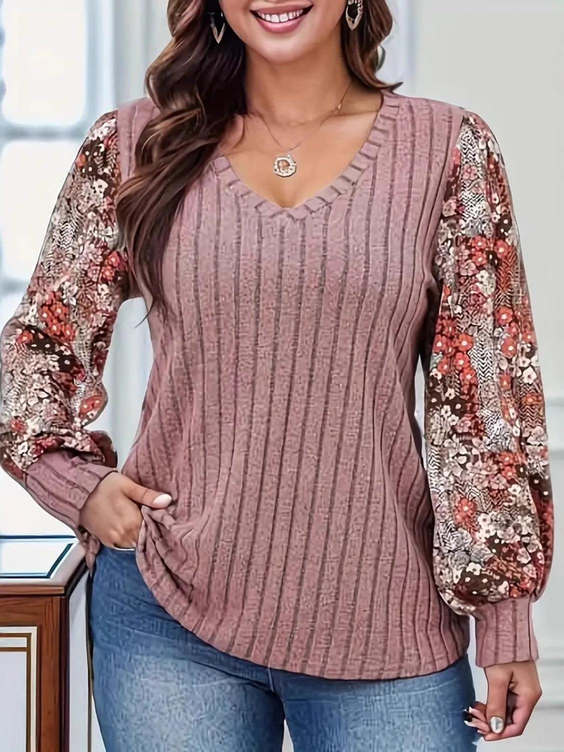 Printed V-Neck Long Sleeve T-Shirt-TOPS / DRESSES-[Adult]-[Female]-Dusty Pink-S-2022 Online Blue Zone Planet