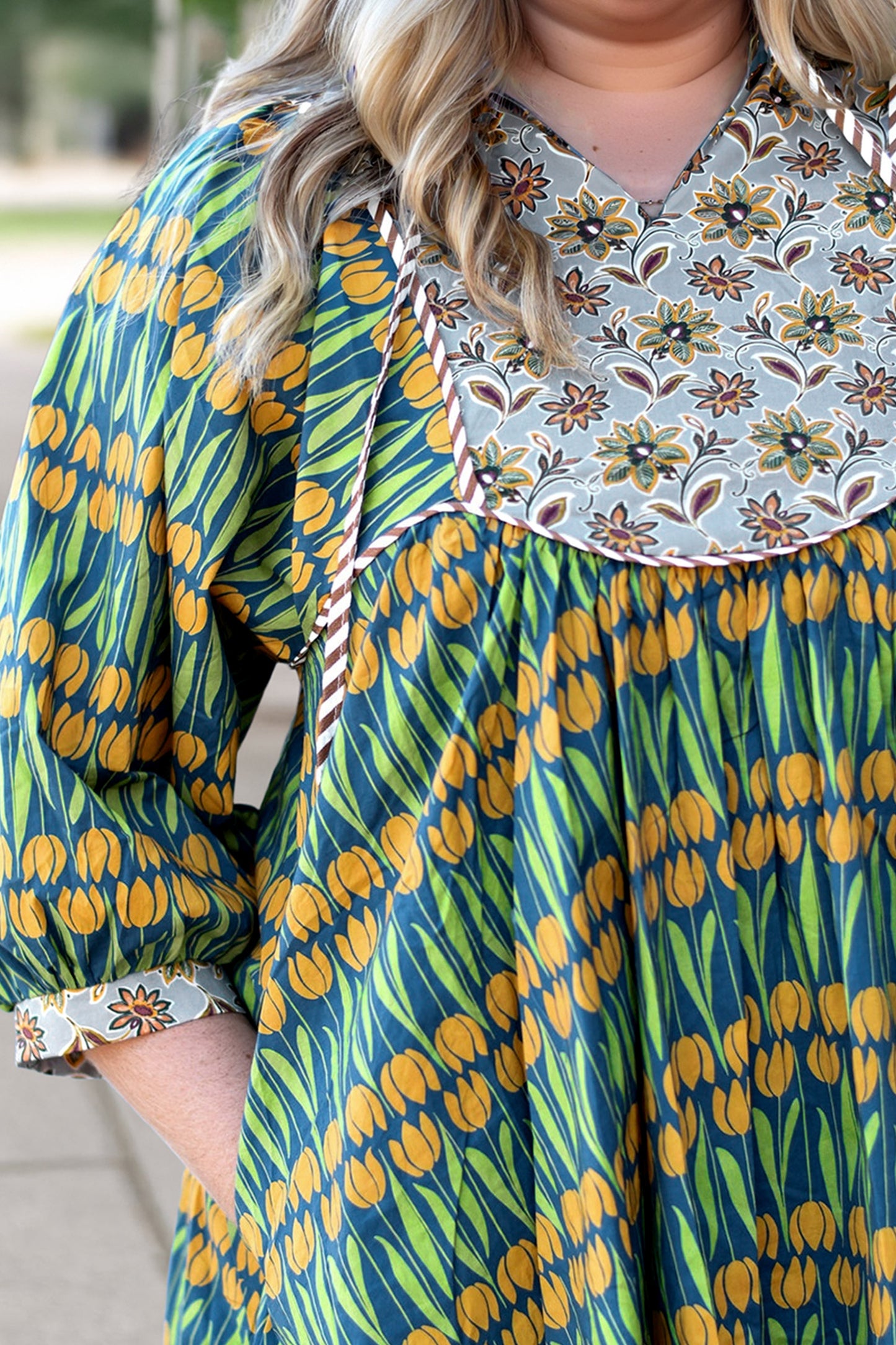 Green Plus Size Mixed Floral Print Striped Trim Loose Mini Dress-TOPS / DRESSES-[Adult]-[Female]-2022 Online Blue Zone Planet