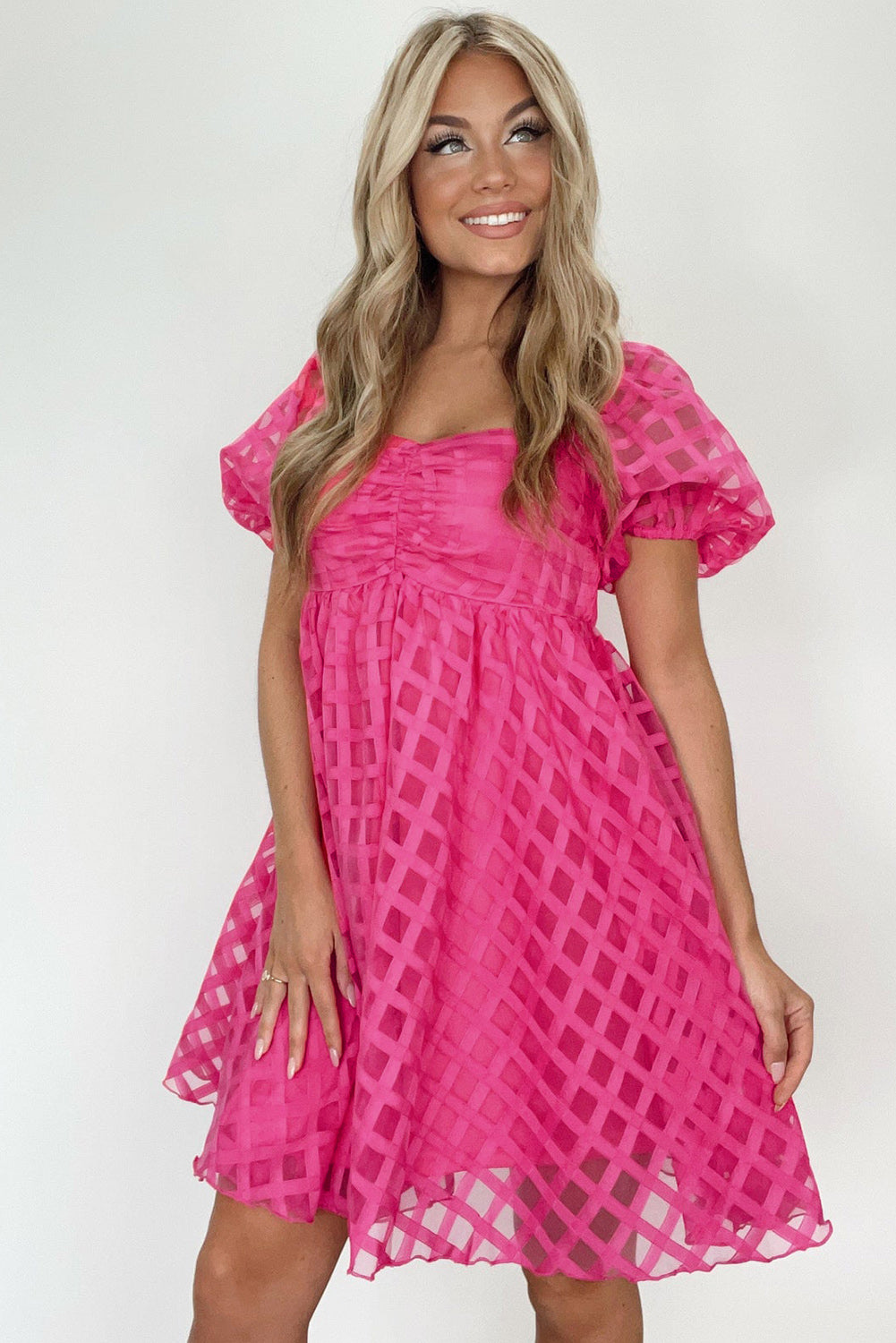 Strawberry Pink Checkered Puff Sleeve Babydoll Dress-TOPS / DRESSES-[Adult]-[Female]-2022 Online Blue Zone Planet